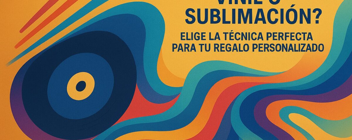 Ilustración abstracta con colores vibrantes representando corte láser vinil y sublimación
