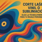 Ilustración abstracta con colores vibrantes representando corte láser vinil y sublimación