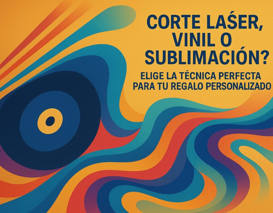 Ilustración abstracta con colores vibrantes representando corte láser, vinil y sublimación.