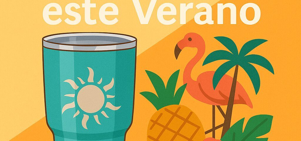 Ilustración abstracta de un vaso térmico personalizado con motivos veraniegos