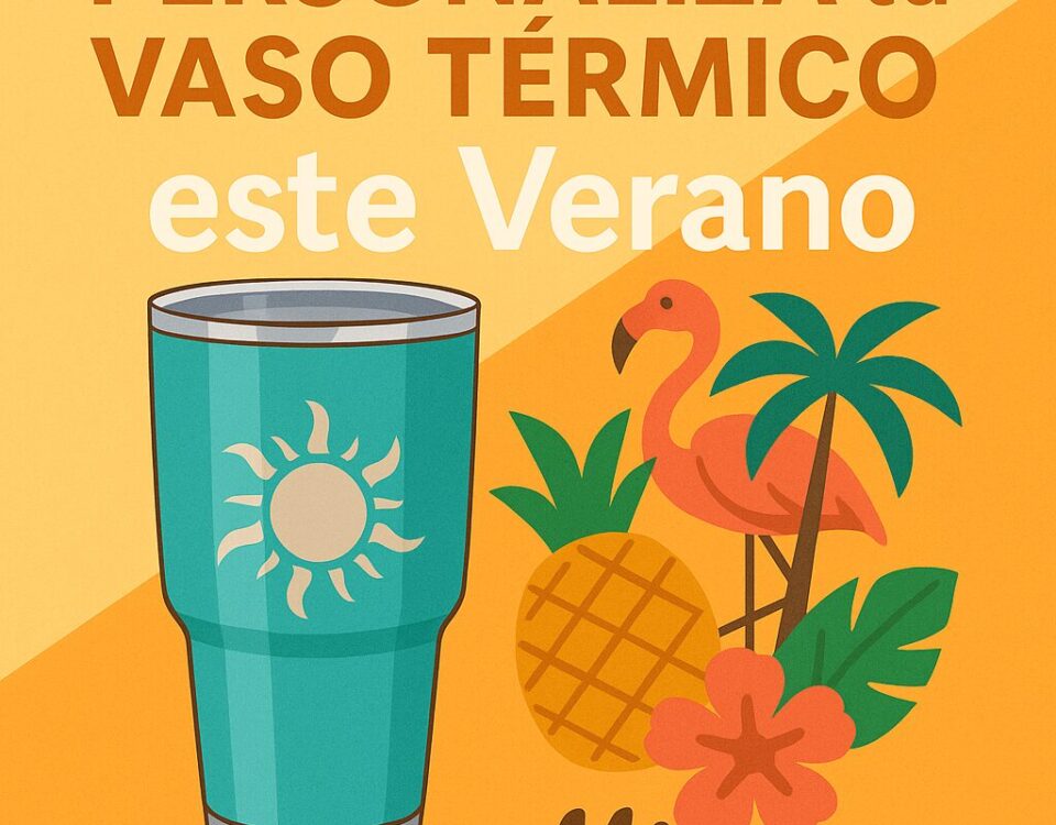 Ilustración abstracta de un vaso térmico personalizado con motivos veraniegos