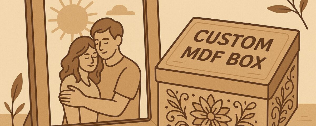 Ilustración abstracta de marcos y cajas de MDF personalizados con diseños grabados y colores cálidos