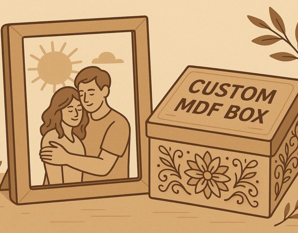 Ilustración abstracta de marcos y cajas de MDF personalizados con diseños grabados y colores cálidos