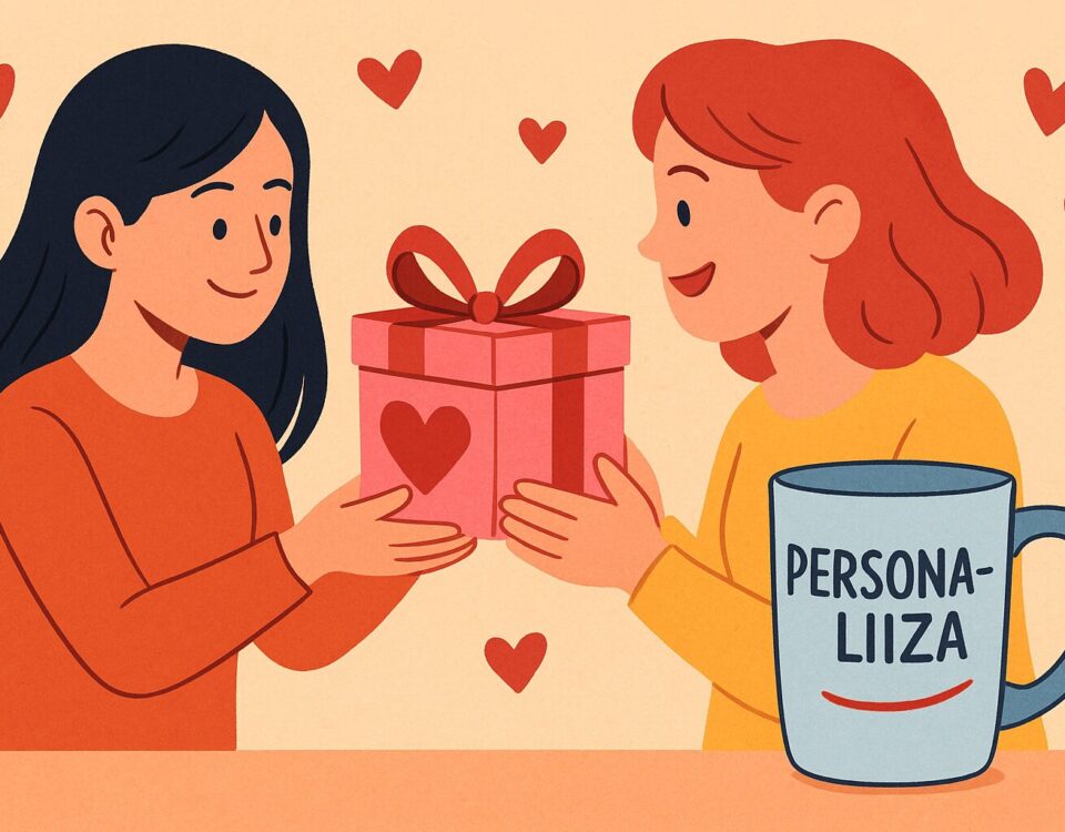 Ilustración alegre de dos amigos intercambiando regalos personalizados