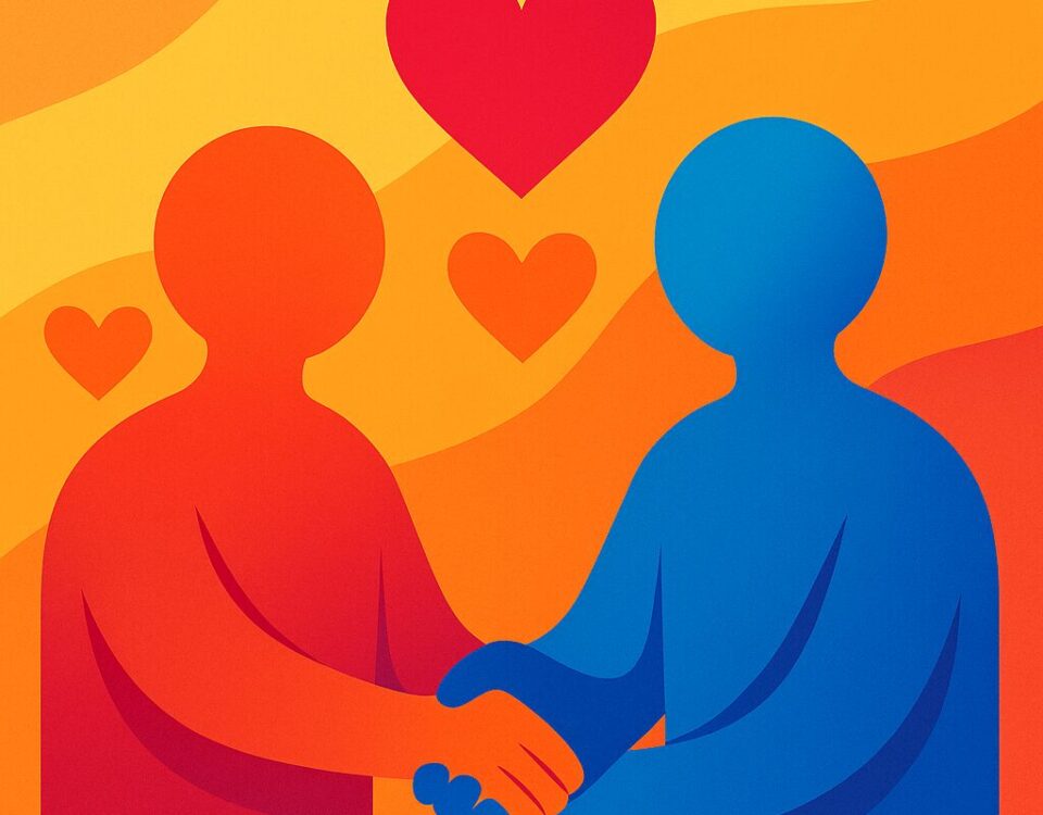 Ilustración abstracta de amistad con figuras conectadas y corazones